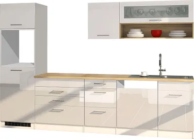 Produktbild von Küche mit Geschirrspüler 300 cm weiß MARANELLO-03 , Weiß Hochglanz, ohne E-Geräte B x H x T ca. 300 x 200 x 60cm