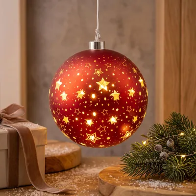 Produktbild von LED Deko Kugel 15cm Rot Gold Weihnachten Sterne Weihnachtskugel Hängedeko