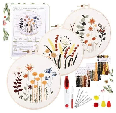 Produktbild von Anfänger Stickerei Set Stickerei Set, Blumenmuster Pflanzen Kreuzstich-Kit Starter Tools Kit mit 3 Stück Kunststoff-Stickrahmen, für DIY Kunst, Handwerk, Nähen