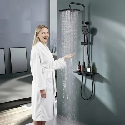 Zdjęcie produktu dla System prysznicowy Homelody z termostatem i półką szklaną w kolorze czarnym matowym, zestaw prysznicowy z 3 rodzajami strumienia, 12-calowa głowica prysznicowa, 3-funkcyjna słuchawka prysznicowa