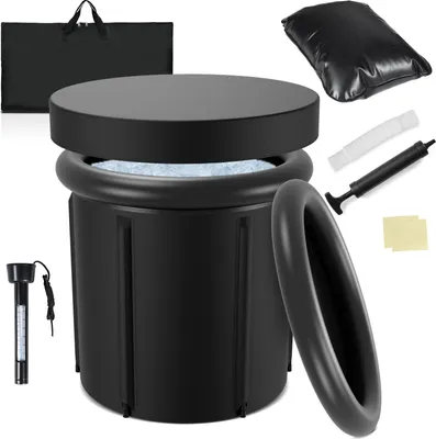 A black inflatable ice bath and its accessories are displayed against a white background.