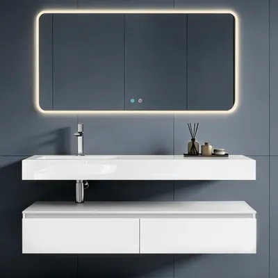 Produktbild von doporro Waschbecken-Unterschrank Badmöbel-Set in Weiß matt Design Waschplatz 150x48x25cm Badzimmerschrank inkl. Weiß matt Minralguss-Waschbecken und LED-Spiegel UP
