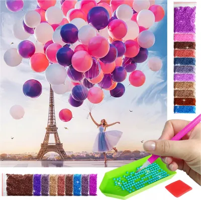 Produktbild von ARTULIO - Diamond Painting Set - Frau mit Luftballons vor dem Eiffelturm - 40 x 30 cm - Crystal Art, Bilder DIY, Home Wand Deko