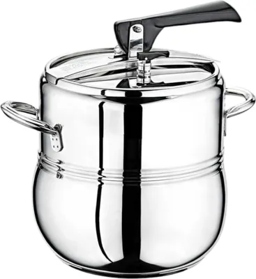A shiny stainless steel pressure cooker with a black handle is shown against a white background.
