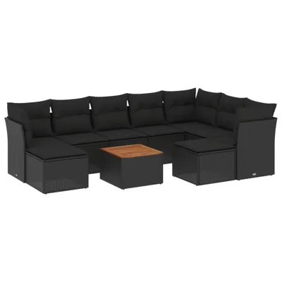 Produktbild von Modulares 10-tlg. Garten-Sofaset, Poly Rattan Schwarz, Akazienholz-Tisch, UV-beständig, mit abnehmbaren Kissenbezügen