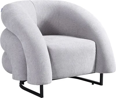 A light gray armchair with a unique, curved design and black metal legs, set against a plain white background.