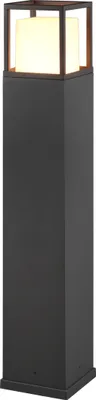 A black outdoor bollard light with a white illuminated top.