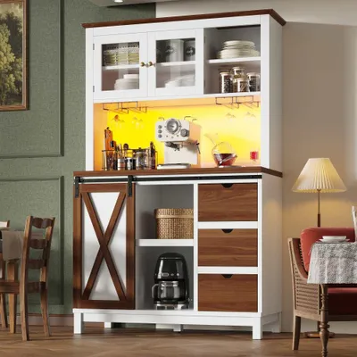Image de Armoire haute avec éclairage LED etvia application, idéale pour la cuisine ou la salle à manger, buffet avec porte coulissante et 3 tiroirs, blanc
