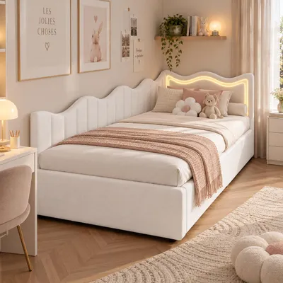 Image de Canapé-lit matelassé INONEFT, 90x200 cm, avec éclairage LED, lit coffre hydraulique, lit pour adolescents/enfants avec tête de lit et sommier à lattes, blanc, Image générée par une IA