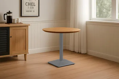Produktbild von Bistrotisch rund mit Schweizer Kante Akazienholz natur massiv 80 cm Säulengestell silber BRASILIA