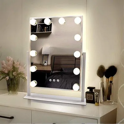 Obrázek produktu pro Zrcadlo s osvětlením – 48 x 36,5 cm – s rámečkem – 12 LED diod – otočné o 360 stupňů – bílé