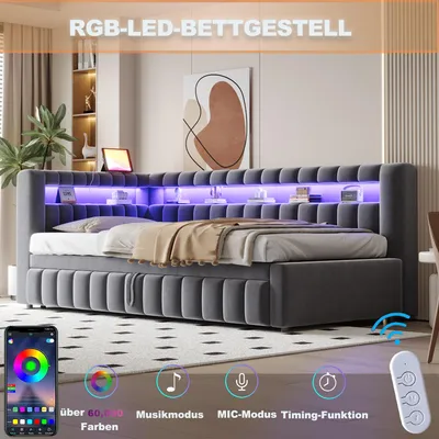 Produktbild von okwish Polsterbett 90×200 mit LED-Beleuchtung,Schlafsofa mit Ausziehbarem,Doppelbett mit Klassisches Streifenmuster,Bettgestell Holzbett mit USB-Ladeanschluss,grau,ohne Matratze