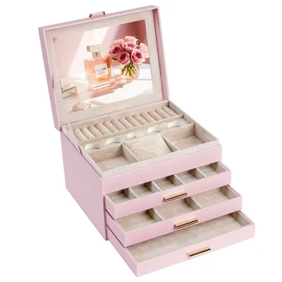 Produktbild von AdelDream Schmuckkästchen, Schmuckkasten mit 4 Ebenen, Schmuckbox mit großem Spiegel, große Schmuckstücke, Schmuckaufbewahrung, modern Rosa