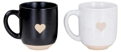 Produktbild von 2er Set Steingut Tassen Schwarz Weiß 300ml Herz Kaffeebecher
