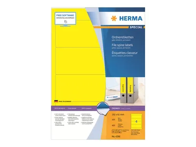 Image de Étiquettes pour classeurs HERMA A4, jaunes, 192 x 61 mm, mates et opaques, 400 pièces