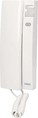 A white intercom unit with a coiled cord hanging from the bottom.