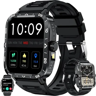 Produktbild von Smartwatch Herren mit Telefonfunktion, Taschenlampe, 5ATM Wasserdichte Sportuhr Bluetooth Anrufe Fitness Schlafmonitor,
