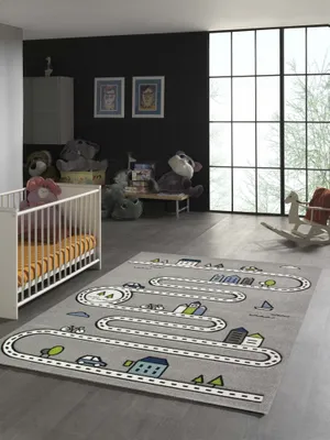Obrázek produktu pro Dětský koberec s ulicemi a domy v šedé barvě – rozměry 80 x 150 cm