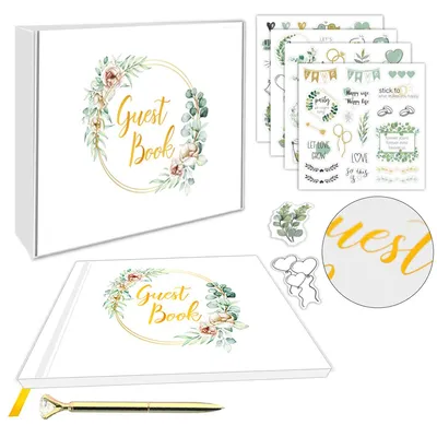 Produktbild von Gästebuch Hochzeit Blanko mit Personalisierte Aufkleber Sticker – Gästebücher für Geburtstag, Silberhochzeit, Babyparty, Brautparty mit 1 Stifte, 120 Seiten