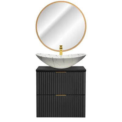 Produktbild von Waschplatz Set mit marmoriertem Keramik-Aufsatzbecken und LED-Spiegel, matt schwarz mit gerillter Front ADELAIDE-56-BLACK, B/H/T ca. 61,5/200/46,5 cm