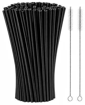 Image de Pailles réutilisables - Pour boissons froides - Noires - 26 cm - Lot de 100 pièces avec 2 brosses de nettoyage