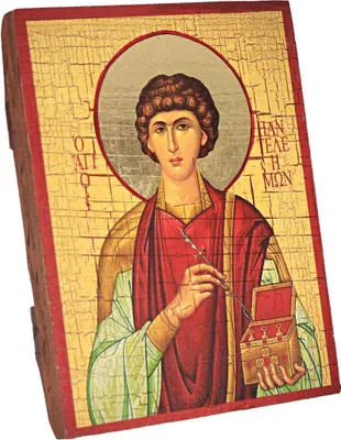 Immagine prodotto di San Pantaleone, icona cristiana in legno sigillata 16x12,5 cm, realizzata a mano 37042