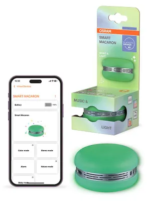 Productafbeelding van Osram Smart+ Bluetooth-luidspreker, Macaron Groen, met batterij, USB-C, app en draaiend kleurlicht