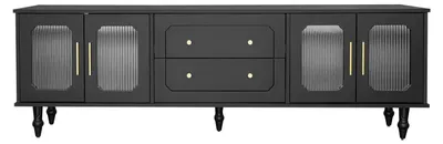 Image de Meuble TV rétro - Meuble bas pour télévision - Porte en verre - Poignées dorées - Pieds en bois massif - 175 x 38 x 55,5 cm - Capacité de charge : 50 kg