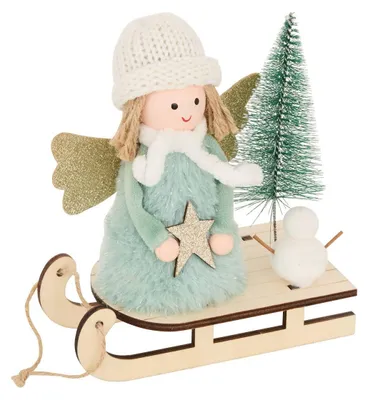 Produktbild von Weihnachtsengel auf einem grün-weißen Schlitten, Höhe 18 cm