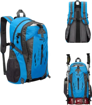 A collage of images showing a blue and gray hiking backpack from different angles, including one with trekking poles.