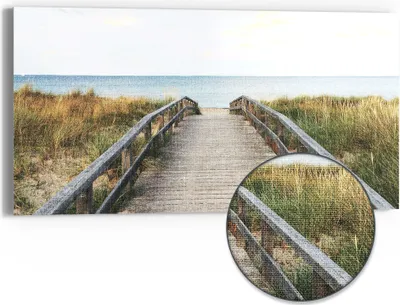 Produktbild von DEQORI Hybrid Leinwand Bild 60x30 cm 'Steg ins Blaue' Wandbild Glas flach modern