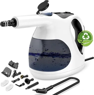 Image de Nettoyeur vapeur professionnel de 1200W, appareil portable, 400 ml, léger, chauffage en 15 secondes. Nettoyeur vapeur manuel pour toutes surfaces, avec 10 accessoires. Idéal pour dégraisser les salles de bain, les cuisines, les sols, les fenêtres et les meubles rembourrés