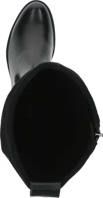 A top-down view of a black boot.