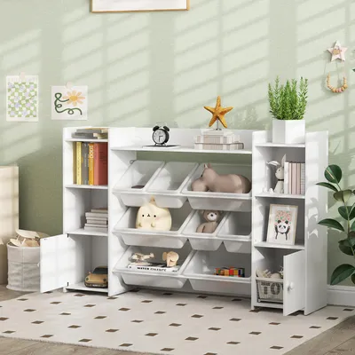 Produktbild von SUGIFT Kinder-Aufbewahrungsregal 3-in-1, Spielzeugregal mit 8 Boxen, Bücherregal Kinderzimmer, MDF Stahl, Weiß | 140x30x90 cm | 25 kg |Karton-Boxen