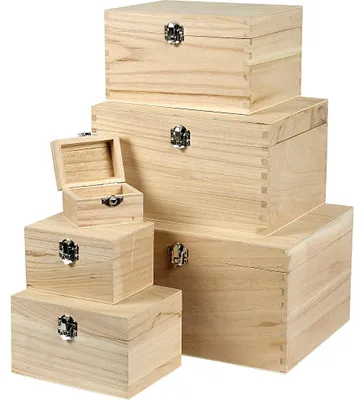 Produktbild von Holzkisten-Set, H 5+7+9+11+13+15 cm, L 8+11,8+15,8+20+24+27,7 cm, B 5,8+8,8+12+15+18+21 cm, 6 Stk/ 1 Set [HOB-57542]
