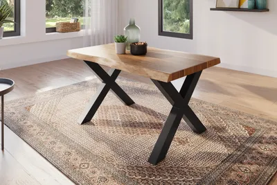 Produktbild von Esstisch 120 x 80 cm Akazie massiv natur Baumkantentisch X-Gestell schwarz ATLAS