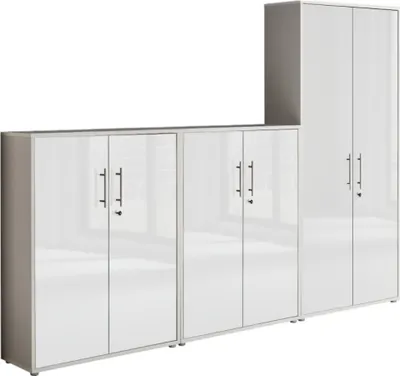 Produktbild von Aktenschrank TABOR 53 in lichtgrau / weiß Hochglanz, Schrankwand, Büroschrank, abschließbar, Metallgriffe