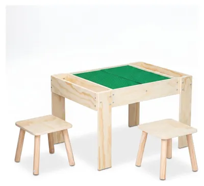 Productafbeelding van Buxibo kindertafel met constructieplaat – Inclusief 2 krukjes – Houten activiteitentafel – 79,5 x 57,5 x 50 cm – Onbehandeld hout