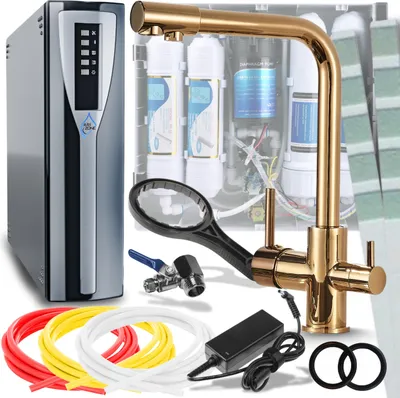 Obrázek produktu pro Kuchyňská baterie Ari Venom 1 s přípojkou pro filtr vody, dvě vylevky, otočná o 360°, keramická kartuše, zlatá