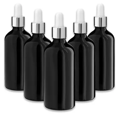 Produktbild von 5x Schwarze Glasflasche 100 ml mit silberner Pipette leer zum Befüllen