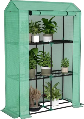 Zdjęcie produktu dla Szklarnia Outsunny z półkami i drzwiami rolowanymi, zimowa szklarnia z folii stalowej, szklarnia na balkon, do ogrodu, do pomidorów z ochroną UV 100x40x150cm szklarnia do pomidorów, warzyw, kwiatów, roślin, zieleni