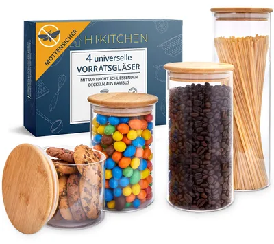 Vorratspotten Set 4er, 3 mm Borosilikatglas, Bambusdeckel, spülmaschinenfest