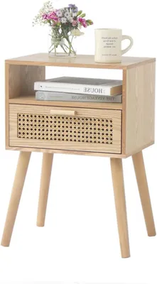 Productafbeelding van Nachtkastje Rotan - Bijzettafel Opbergruimte - Slaapkamer Inrichten - Massief Houten Poten - 236 Inch Hoog - Natuurlijke Walnoot
