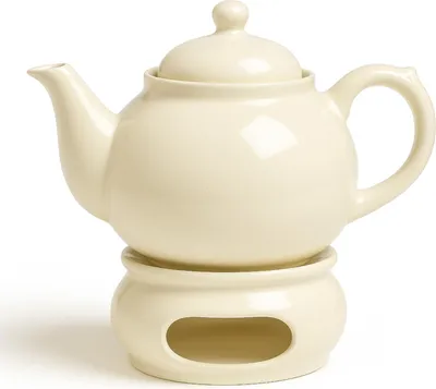 Produktbild von Bunzlauer Keramik 1,25L Teekanne mit Stövchen – Klassische, rundliche Form mit elegant geschwungenem Ausguss, Dekor Creme-weiß