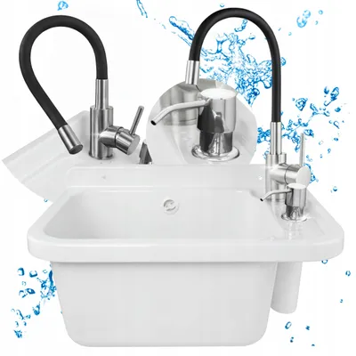 Produktbild von Mehrzweck-Set – Weißes Spülbecken 50 cm, flexible Armatur, Wasserspender