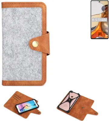 Produktbild von K-S-Trade Handyhülle kompatibel mit Xiaomi 11T Pro Schutzhülle Filz-Hülle Kunst-Leder hellgrau braun (1x)