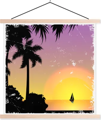 Produktbild von MuchoWow® Textilposter Palme - Segelboot - Meer - Nacht 120x120 cm mit holzfarbenen Rahmen - Textil-Poster