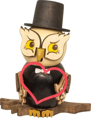 Produktbild von Drechslerei Kuhnert - Räucherfigur Eule als Bräutigam - Größe ca. 15cm, für Räucherkerzen Größe M (Standard) - 37233