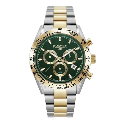 A close-up studio shot of a men's chronograph watch with a green dial and a two-tone metal bracelet.