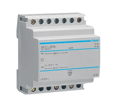 Produktbild von Hager Sicherheitstrafo 230V/12V ST313 u.24V 16VA 4PLE